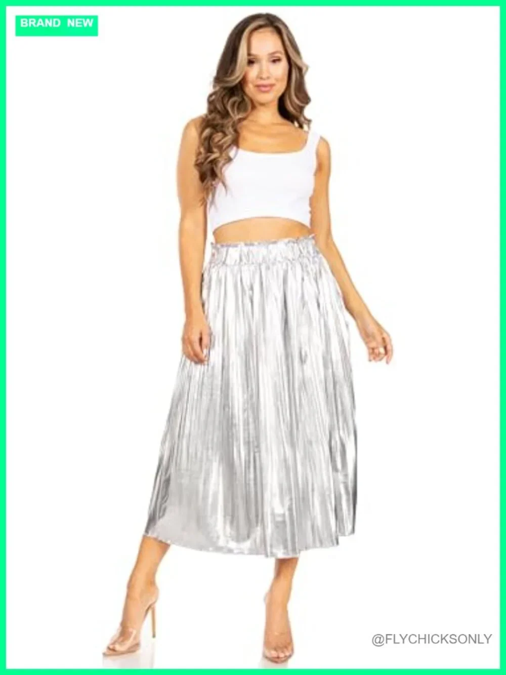 Faux Leather Pleated Midi Skirt with Pockets Elastic High Waist Women